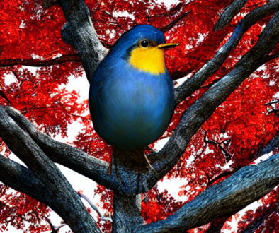 Blue bird sitting in a tree with red leaves.
