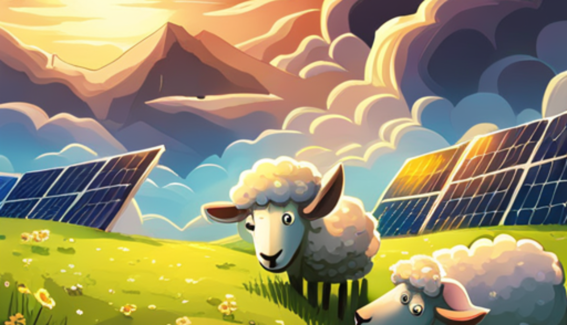 Sheep grazing green grass by solar panels with a futuristic background and sky.