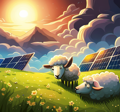 Sheep grazing green grass by solar panels with a futuristic background and sky.